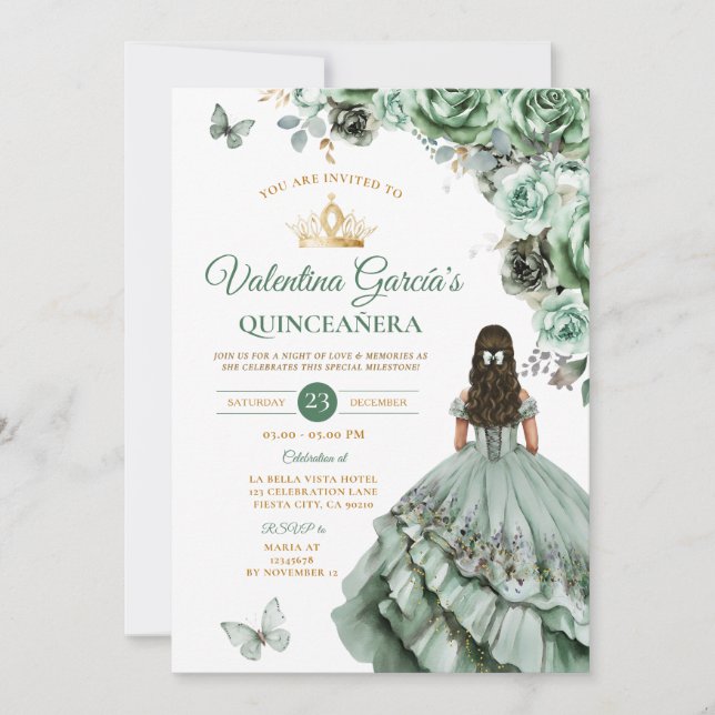 Invitación Vestido verde sabio Quinceañera 15 Flores de oro (Anverso)