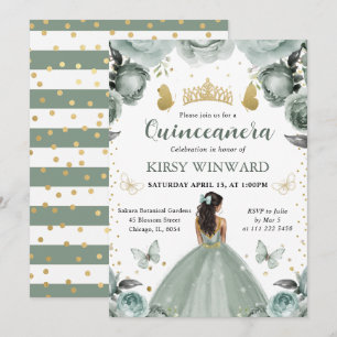 Invitación Vestido Verde Sage Princesa de Piel Oscura Quincea