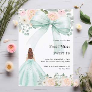 Invitación Vestido verde salvia lazo flores rosadas Sweet 16
