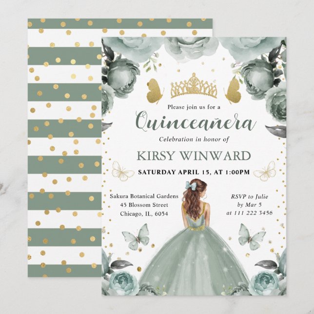 Invitación Vestido Verde Salvia Princesa de Cabello Rojo Quin (Anverso / Reverso)