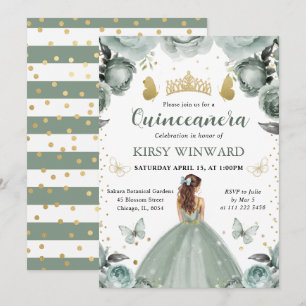 Invitación Vestido Verde Salvia Princesa de Cabello Rojo Quin