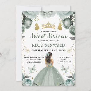 Invitación Vestido Verde Salvia Princesa Morena Dulces 16