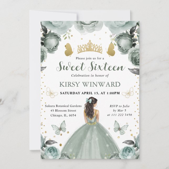 Invitación Vestido Verde Salvia Princesa Morena Dulces 16 (Anverso)