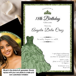 Invitación Vestido Verde Salvia y Diadema Debut 18 Cumpleaños
