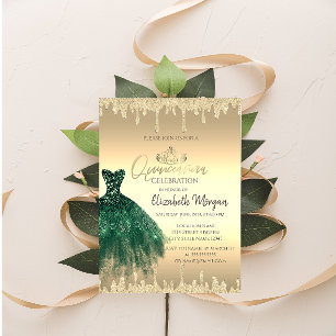 Invitación Vestido Verde,Tiara,Brillo Gotea Quinceañera Dorad