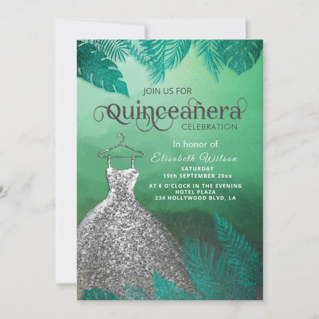 Invitación Vestido verde tropical de plata Quinceañera (Anverso)