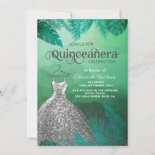 Invitación Vestido verde tropical de plata Quinceañera