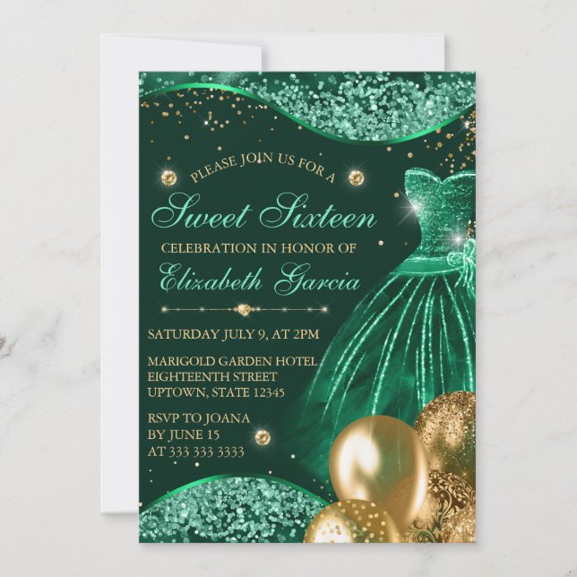 Invitación Vestido verde y globos Purpurina dorado dulce 16 (Anverso)