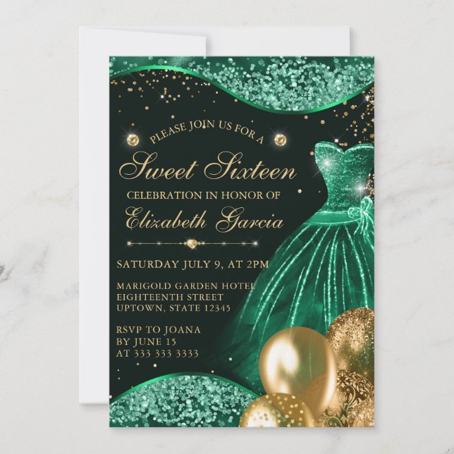 Invitación Vestido verde y globos Purpurina dorado dulce 16 (Anverso)