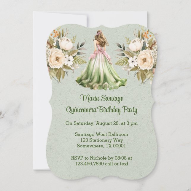 Invitación Vestido verde y rosa Quinceanera fiesta de cumplea (Anverso)