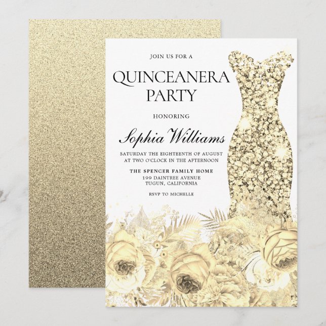 Invitación Vestido y flores de espuma de oro Fiesta Quinceane (Anverso / Reverso)