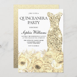 Invitación Vestido y flores de espuma de oro Fiesta Quinceane