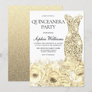Invitación Vestido y flores de espuma de oro Fiesta Quinceane