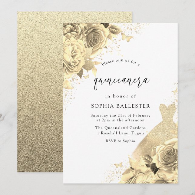 Invitación Vestido y flores de espuma de oro Fiesta Quinceane (Anverso / Reverso)