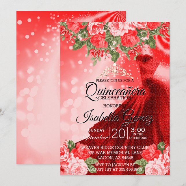 Invitación Vestido y flores rojas de Quinceañera (Anverso / Reverso)