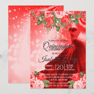 Invitación Vestido y flores rojas de Quinceañera