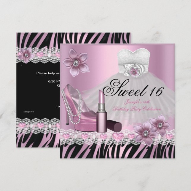 Invitación Vestido Zebra Rosa Negro Dulce Dieciséis 16 Labial (Anverso / Reverso)