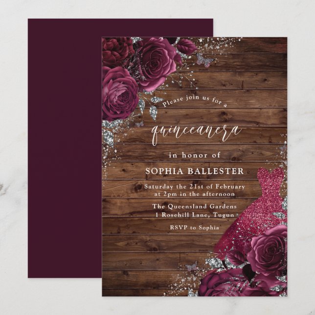 Invitación Vestidos de Borgoña y Rosas florales ruegan quince (Anverso / Reverso)