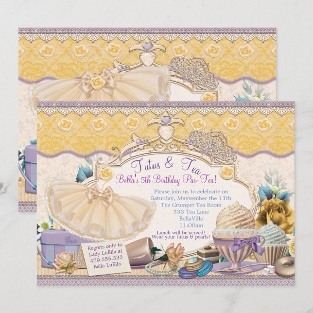 Invitación Vestidos de Chicas de Tutus y Tea Fiesta (Anverso / Reverso)
