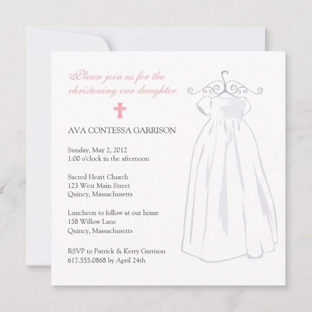 Invitación Vestidos de Christening y Cruz rosa (Anverso)