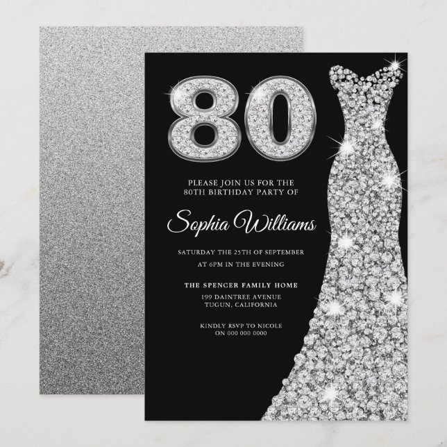 Invitación Vestidos de diamante negro Mujeres 80 cumpleaños (Anverso / Reverso)