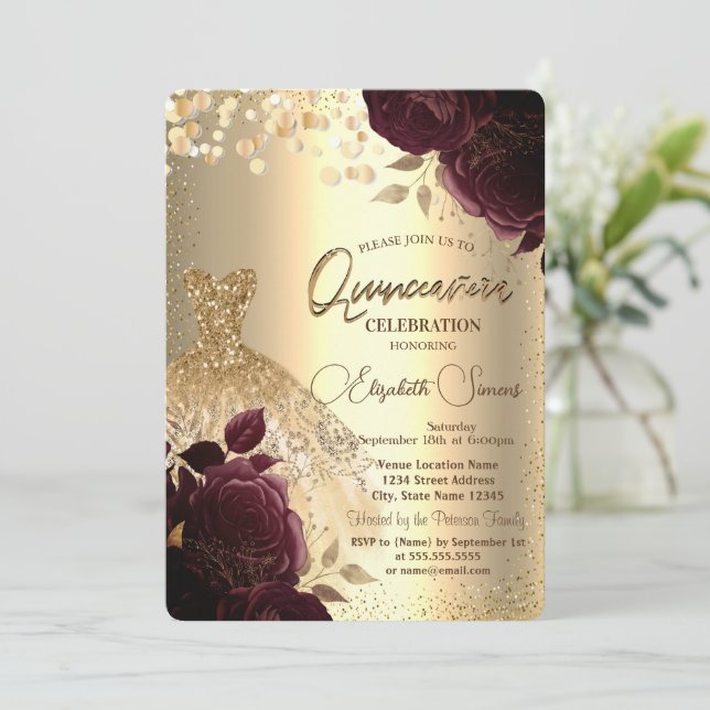 Invitación Vestidos de oro Rosas de Borgoña Quinceañera (Anverso de pie)