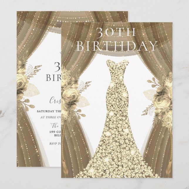 Invitación Vestidos dorados Flores Elegante Fiesta de cumplea (Anverso / Reverso)