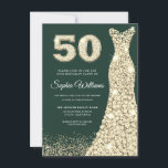 Invitación Vestidos dorados mujeres 50 cumpleaños fiesta verd<br><div class="desc">Vestidos dorados Invitación verde a la fiesta de cumpleaños número 50 Celebración de un hito con estilo y elegancia! Esta invitación a la fiesta de 50 años muestra un impresionante vestido dorado, que significa elegancia y elegancia. Los detalles dorados resplandecientes, situados en un entorno verde y profundo, aportan un toque...</div>