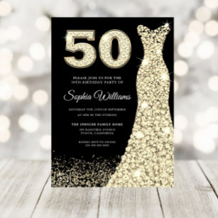Invitación Vestidos dorados mujeres 50 cumpleaños partido neg