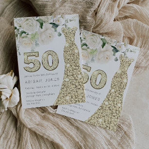 Invitación Vestidos dorados Rosas florales blancas 50 cumplea