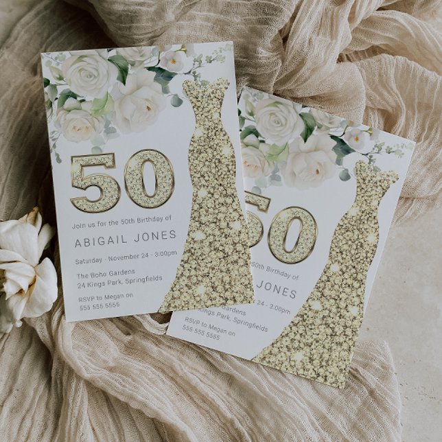 Invitación Vestidos dorados Rosas florales blancas 50 cumplea (Subido por el creador)