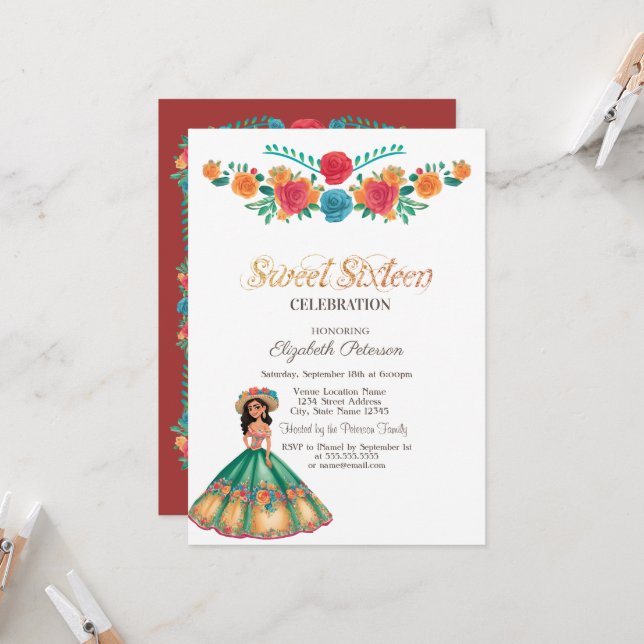 Invitación Vestidos mexicanos de Fiesta Flores Dulces 16 (Anverso/Reverso In Situ)