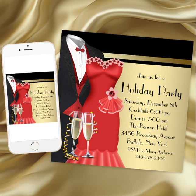 Invitación Vestidos rojos de Tuxedo Navidades elegantes (Christmas party invitation for any occasion. Available for download and printed invitations.)
