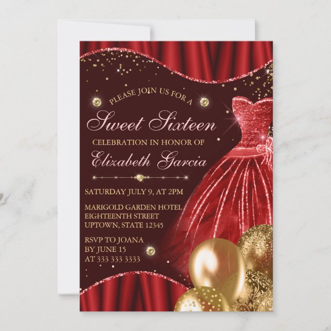Invitación Vestidos rojos y globos Purpurinas dorados dulce 1 (Anverso)