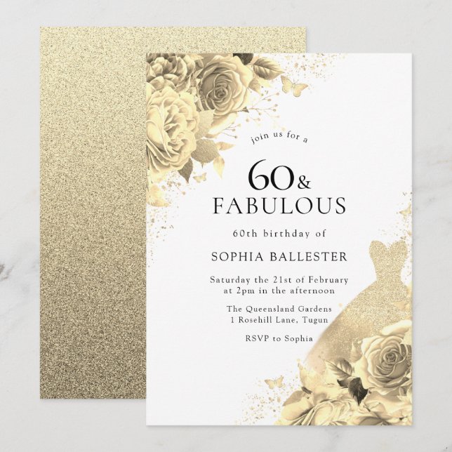 Invitación Vestidos y flores de oro mujeres 60 cumpleaños (Anverso / Reverso)