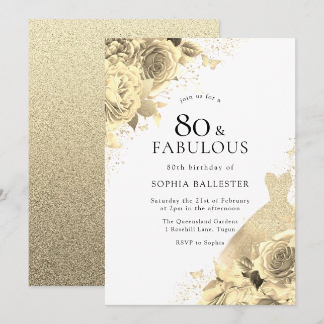 Invitación Vestidos y flores de oro Mujeres 80 cumpleaños (Anverso / Reverso)