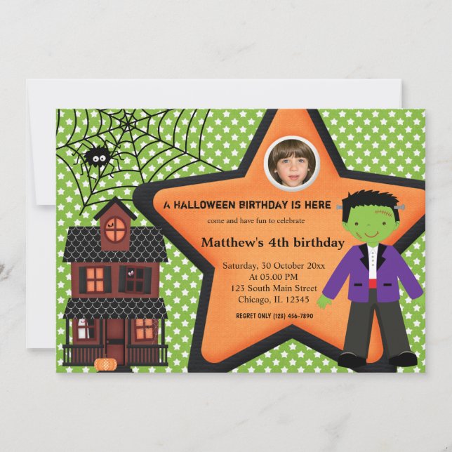 Invitación Vestimenta de cumpleaños de Halloween (verde) (Anverso)