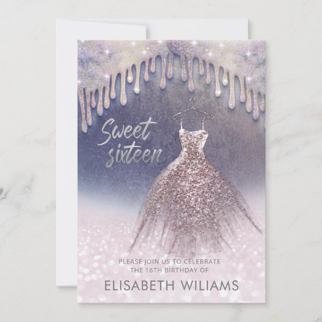 Invitación Vestimenta de moda Girly gotea purpurinoso de oro  (Anverso)