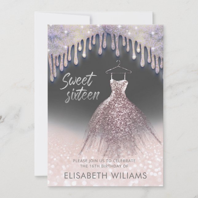 Invitación Vestimenta de moda Girly goteo rosa purpurinoso de (Anverso)