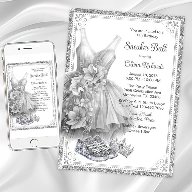 Invitación Vestir Bling Sneaker Ball Fiesta de cumpleaños (Girl beautiful sneaker ball invitation. Instant download and printed invitations available.)