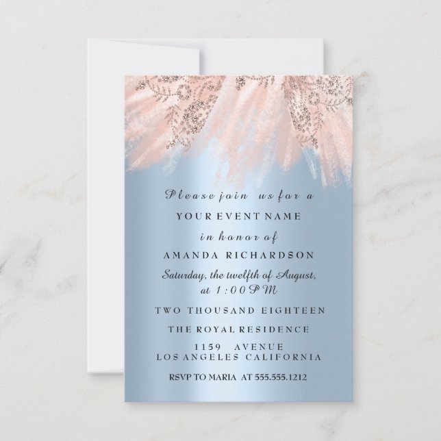 Invitación Vestir Bridal Shower Sweet 16th Blue Rosa Rubor (Anverso)