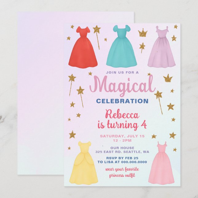 Invitación Vestir ropa chicas Princesa fiesta de cumpleaños (Anverso / Reverso)