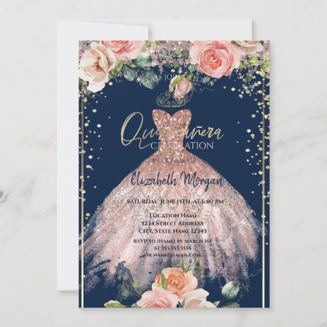 Invitación Vestir Tiara, Rosas de diamantes azul Quinceañera (Anverso)
