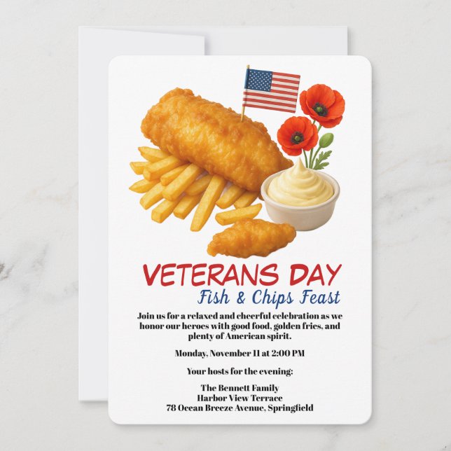 Invitación Veterans Day | Fish and chips Celebration (Anverso)