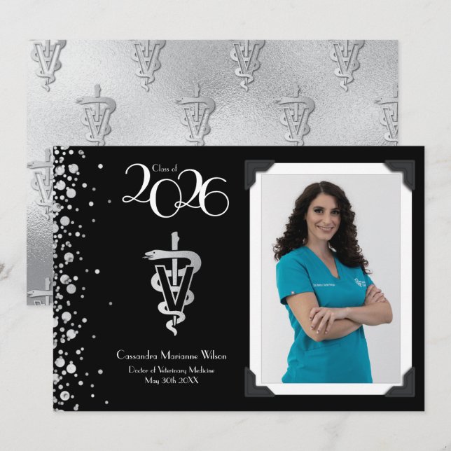 Invitación Veterinarian Graduation Black Silver Announcement (Anverso / Reverso)