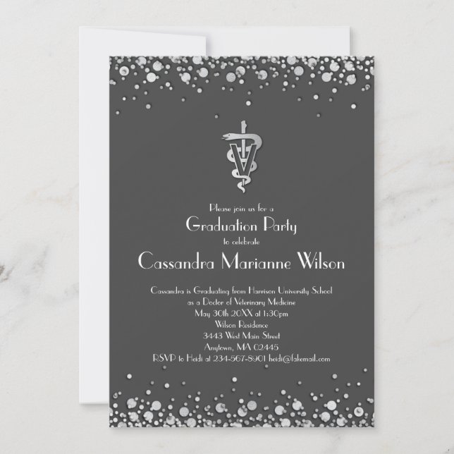 Invitación Veterinarian Graduation Grey Silver (Anverso)