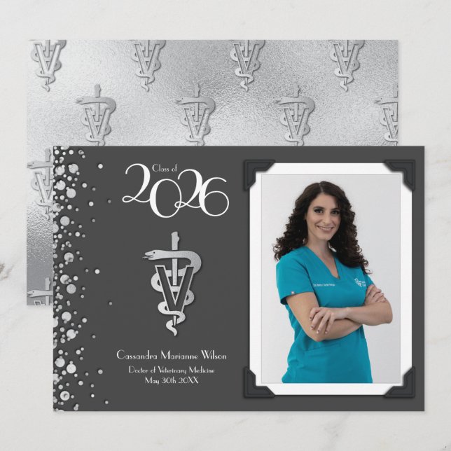Invitación Veterinarian Graduation Grey Silver Announcement (Anverso / Reverso)