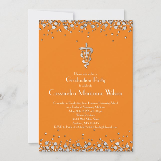 Invitación Veterinarian Graduation Orange Silver (Anverso)