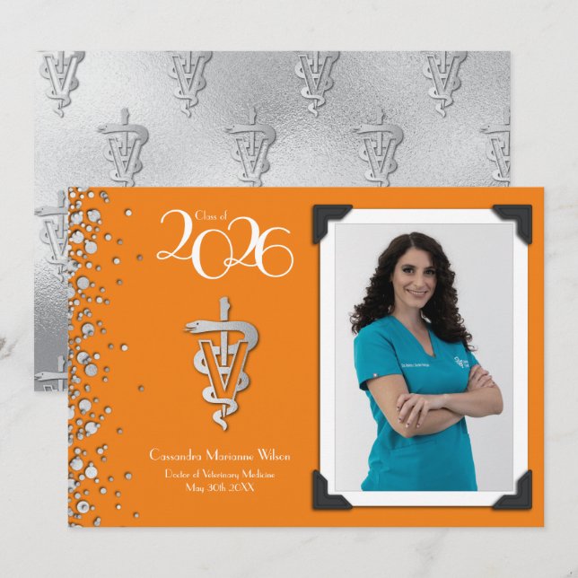 Invitación Veterinarian Graduation Orange Silver Announcement (Anverso / Reverso)