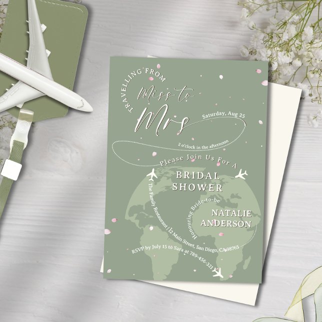 Invitación Viajando a la señora Sage Green Petals Bridal Show (Travelling to Mrs Sage Green Petals Bridal Shower Invitation)